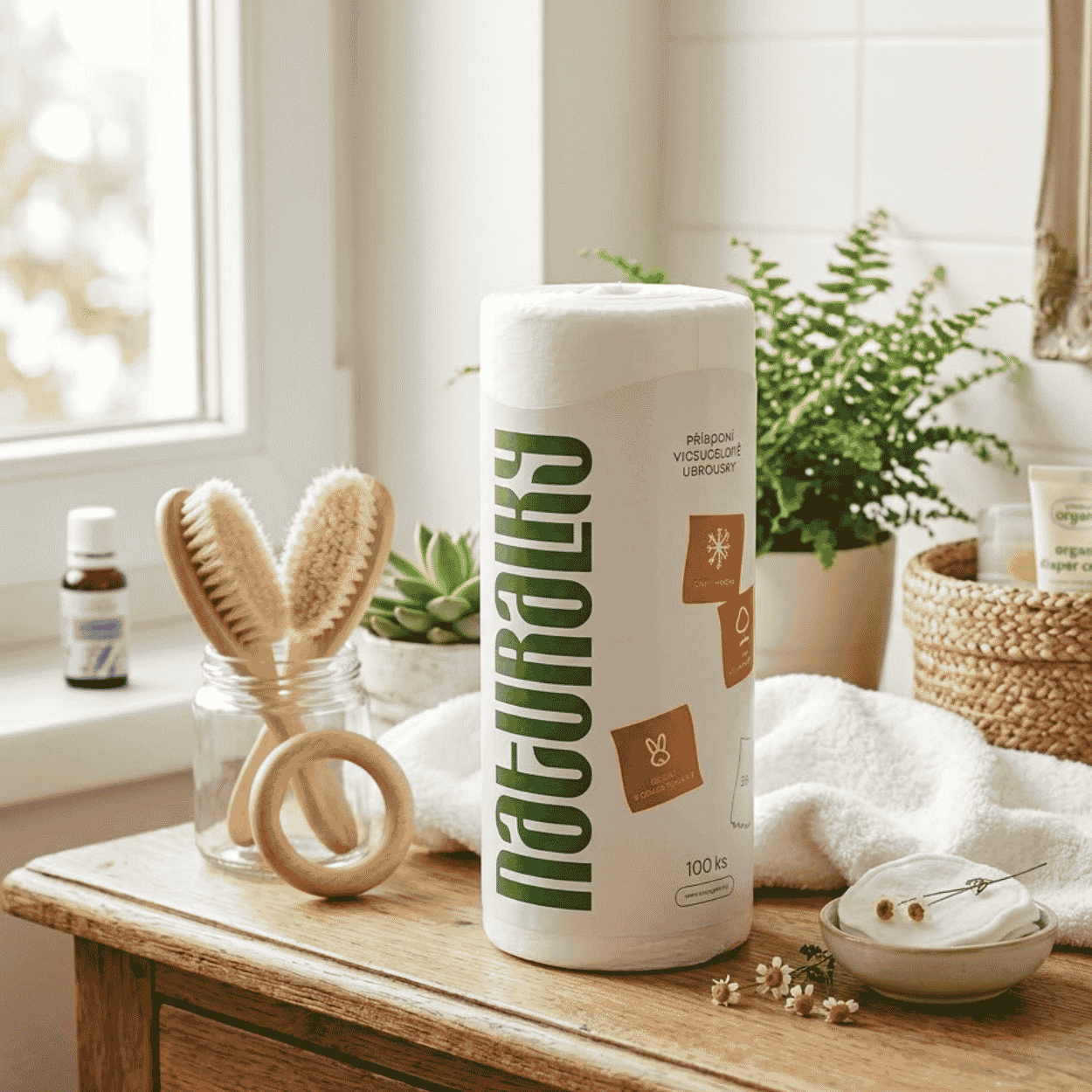 produktová fotografie role přírodních ubrousků Naturalky, která je zasazena do útulného a světlého interiéru evokujícího koupelnu nebo dětský pokoj